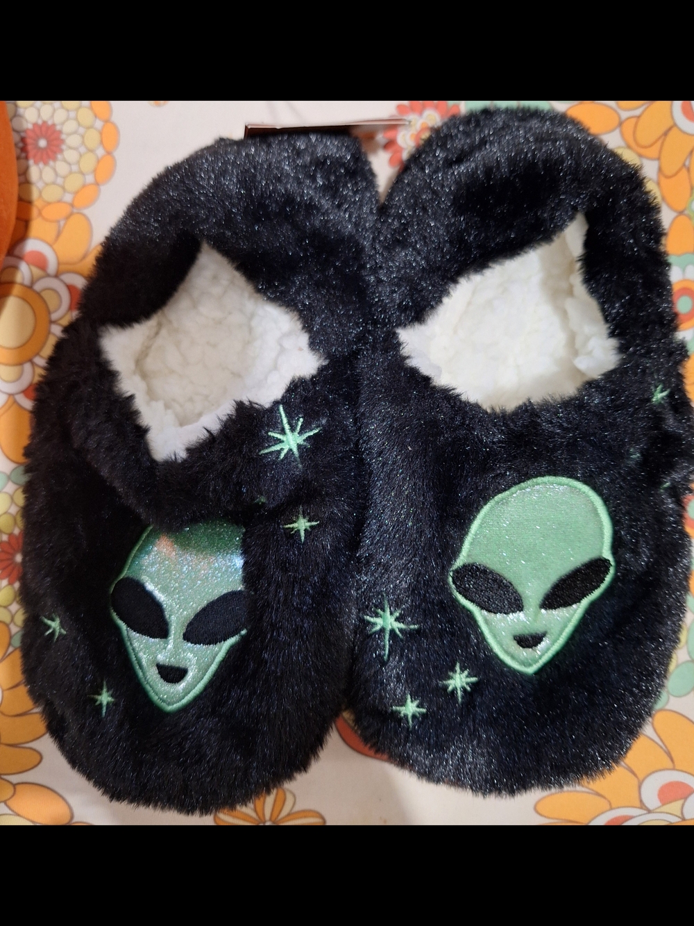 Kids Black Plush Slippers with Green Alien Design
